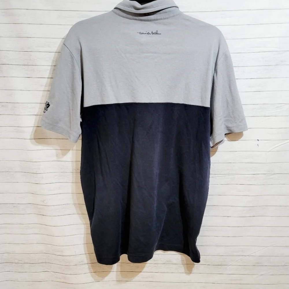 TRAVIS MATHEW GOLF CLUB TEE, GRAY & BLACK STRIPE SZ MEDIUM